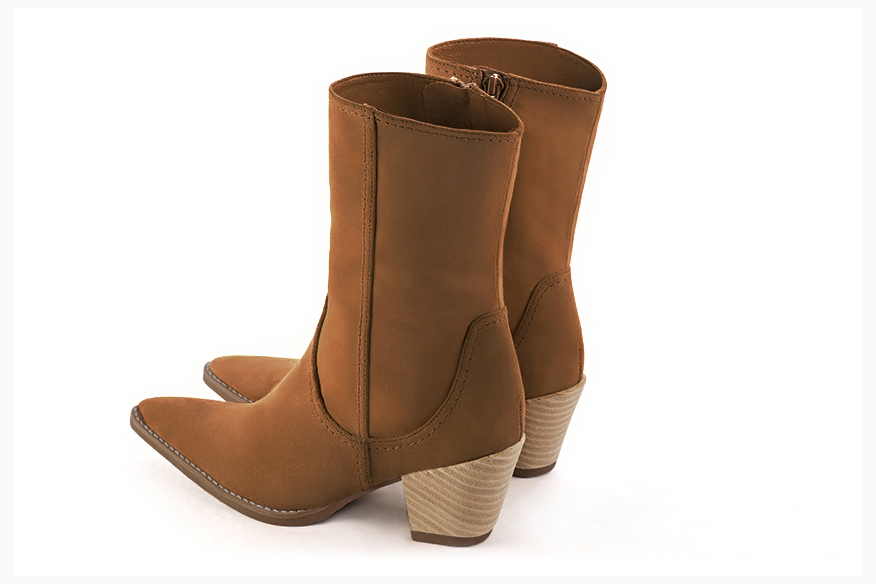 Caramel brown women's ankle boots with a zip on the inside. Tapered toe. Medium cone heels. Rear view - Florence KOOIJMAN